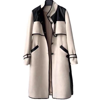 China Long Leather Anorak Deerskin Fleece Windproof Leather Sheepskin Belted Casual Coat for sale