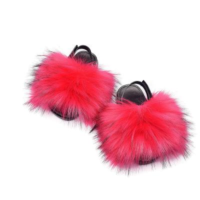 China 2021 Wholesale Warm Anti-slippery Sandals Kids Girl Outdoor Fox Fur Slides Baby Fur Slippers for sale