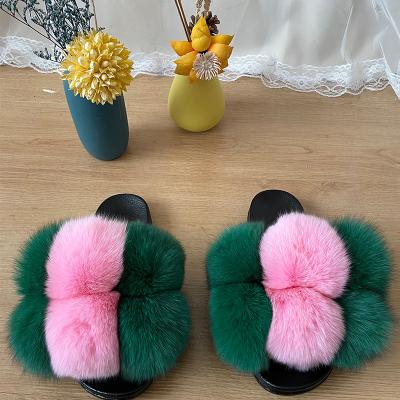 China Fashion Trend Hot Summer Custom Women Genuine Fox Fur Slides Slippers Ladies Fur Pom Shoes for sale