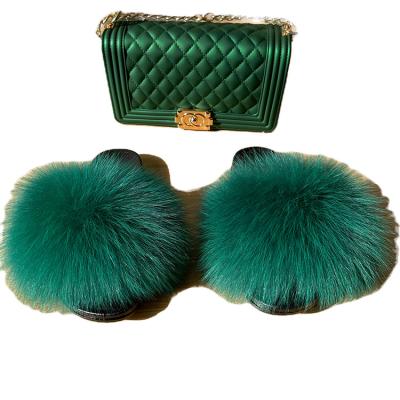 China 2021Latest Fashion Trend Design Fur Slides With Jelly Purse Set And Fur Slides Pinch Sets Fur Slides Handbag Sets for sale