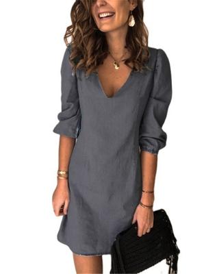 China New Design Solid Color Breathable Pure V-Neck Short Sleeve Casual Loose Cotton Home Wear Dress Canvas Women's Clothing for sale