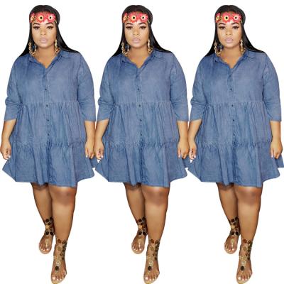 China New Design Washable Plus Size Women's Denim Pleated V-Neck Western Style Large Buttoned Loose Solid Women's Dress for sale