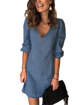 China Wholesale Breathable Solid Sheer V-Neck Short Sleeve Color Cotton Office Lady Office Lady Loose Casual Comfortable Dress For Women for sale