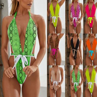 China Women's Breathable Halter Bandage Deep V-Neckline Halter Swimsuit Bikini One-Piece Swimwear for sale