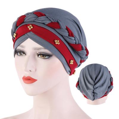 China Outdoor Activities Two Color Beaded Braid Hijab Covers Spring and Autumn Fashion Cotton Hijabs Inner Hood Muslim Wrap Turban Cap Ready to Wear for sale