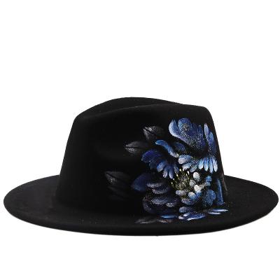 China Wholesale High Quality Wide Fedora Hat Wool Felt Painted Unisex Jazz Panama Flat Top Formal Brim Character Hat for sale