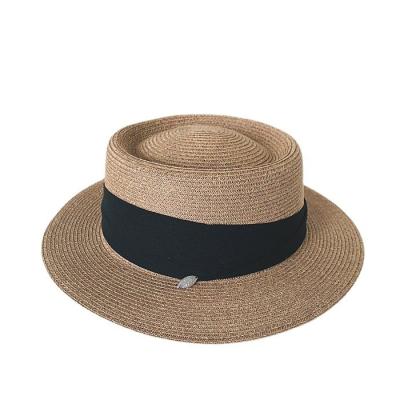 China Custom Character Logo Embedded Grass Woven Top Mixed Brim Straw Hat Sunscreen Flat Wide Beach Straw Hat Sun Decorative Canvas Hats for sale