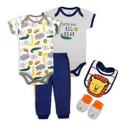 China Antibacterial antibacterial the new model is paired with the hot sale newborn baby suit summer short-sleeved neutral suit 5 pieces of cute animal embroidery for sale