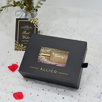 China Wholesale Customized Recyclable Luxury Hard Cardboard Drawer Box Cosmetic Beauty Gift Box With Foam Insert With Clear Window for sale