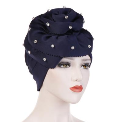 China Multifunctional Hijab Turban Scarf Indian Muslim Hijab Women Large Flower Covers Chemotherapy Islamic Hat With Beads for sale