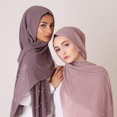 China Fashion plus size heavy chiffon hijabs women bubble chains and chiffon shawls with pearl beaded scarf for sale