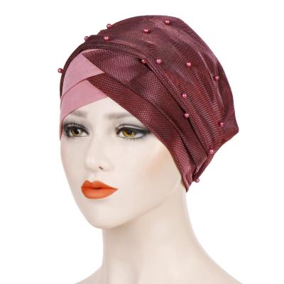 China Hijab Hat Customize Outer Crisscross Turban Women Pearl Bead Bandana Inner Hat Tube Muslim Daily Bandana for sale