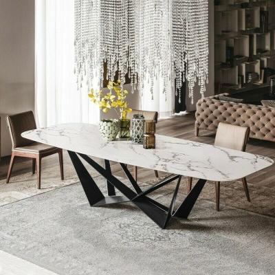 Κίνα Luxury Rectangle White Faux Marble Top Dining Table Two Pedestal Metal Base προς πώληση