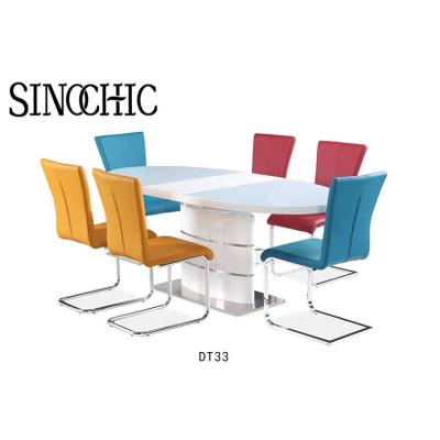 China Oval extension dining room tables Extending dining table Tempered glass top MDF white high for sale