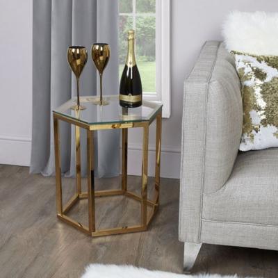 China living room furniture hexagon corner side table gold plated steel frame smoked glass Italian design side table Te koop