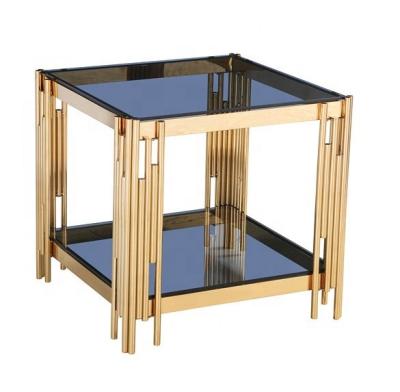 China stainless steel gold plated narrow end table nightstand side table square glass coffee table set à venda