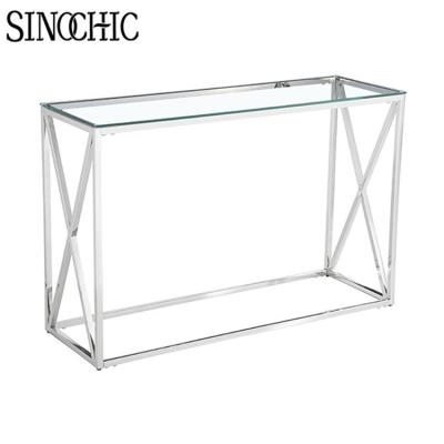 China 8mm clean tempered glass and silver chromed beautiful coffee table good quality console tables Te koop