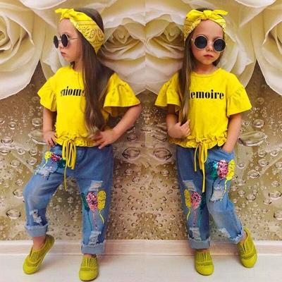 China Baby Casual Suit Sleeve T-shirt Top + Denim Yellow Ruffled Short Pants + Headband 3 Piece Baby Suit for sale