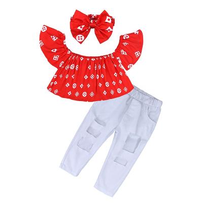 China Sweet Baby Clothes Girls Fashion Red Off The Shoulder Print 3 Piece Set for sale