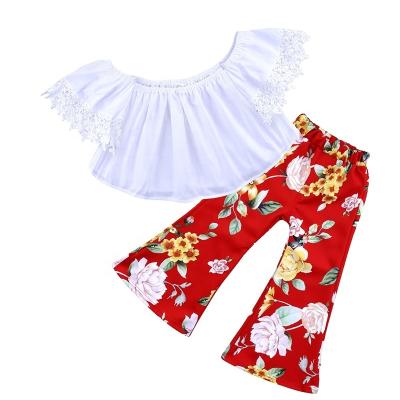 China Sweet white boat neck fashion girls shoulder lace T-shirt and red printed flared pants girl outfit children fall clothing for sale