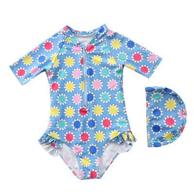 China A# Summer Baby Bikini Print Fashion Print Short Sleeve Zipper Toddler Breathable Swimwear One Piece Swimsuit With Swimming Hat for sale