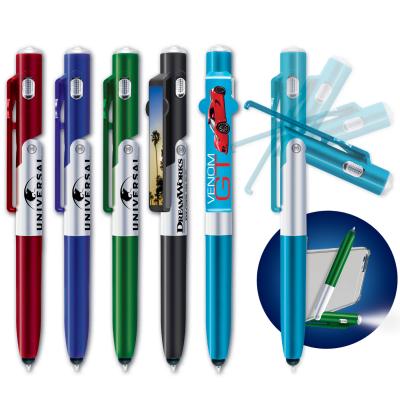 China Promotional Pen 4 in 1 Promotional Gift Customized Wide Logo Clip Ballpoint Pens with Led Torch Light, Capacity Stylus and Movable Holders Stands for sale