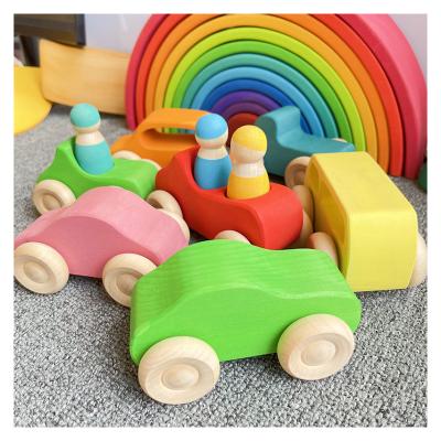 China Eco-Friendly Material 7 Cars Kids Stack High Curved Rainbow Grimms Blocks Toys Infant Wooden Toddler Cars Chunky Wooden Toy for sale