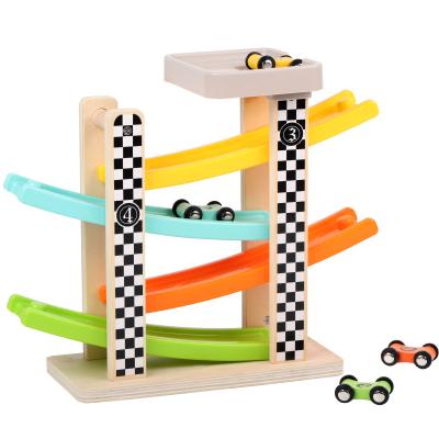 China Hot Sale Amazon Wooden Toy Education Children Vehicle Car Eco-friendly Material Gear Packing Slide Rail Car Montessori Toy Set for sale