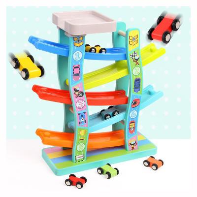 China Eco-friendly Material Wooden Children's Pulley Boy Girl Baby Sliding Rail Car Speed ​​Inertia Glider Toy Toddler Car Ramp Toys Racing Tracks for sale