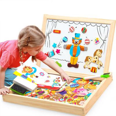 China Eco-friendly 105 PCS Puzzle Farm Model Wooden Magnetic Games Double Sided Easel Chalkboard Jigsaw Wooden Educational Drawing Toys for sale