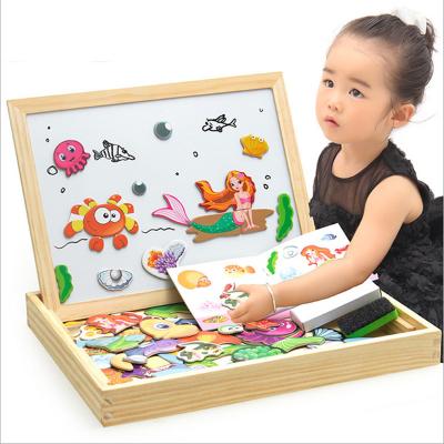 China Eco-friendly Material Wooden Magnetic Puzzle Double Sided Easel Board Puzzle Games Magnetic Drawing Educational Study Toys for sale