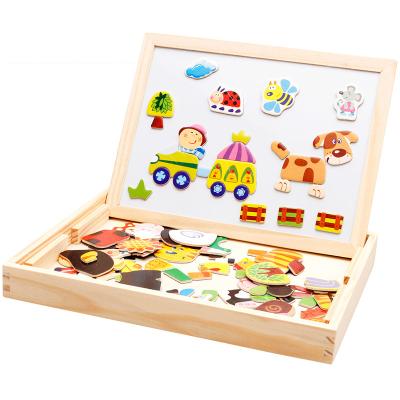 China Eco-friendly Laser Cut Wooden Magnetic Puzzle Double Sided Easel Board Puzzle Games Magnetic Wooden Drawing Educational Study Toys for sale