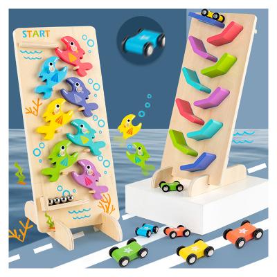 China New Kids Toddler Educational Wooden Toy Eco-friendly Material Wooden Toy Rainbow Track Glider Car Double Sided vehicle toys for sale