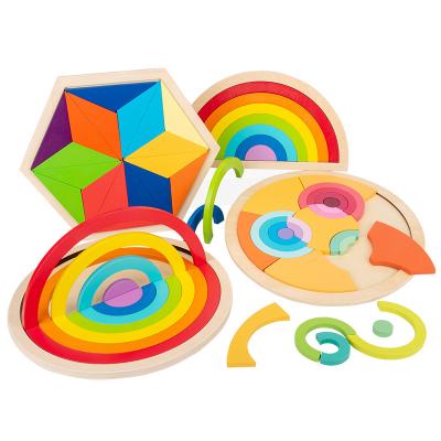 China Construction Toy Colorful Circle Rainbow Building Blocks Polygonal Wooden Puzzle Montessori Disc Early Childhood Education Creative Toys for sale