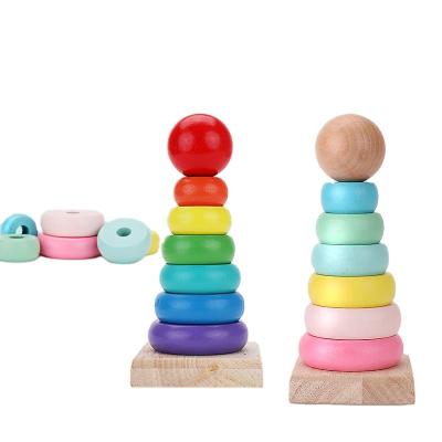 China DIY Educational Toy Set Wooden Macaron Rainbow Stacking Ring Tower Game Block Baby Montessori Toys Early Learning Educational Gifts for sale