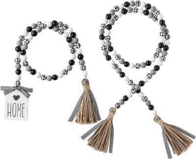 China Yunxin High Quality Black and White Plaid 2pcs Wooden Bead Garland with Tassel Rustic Farmhouse Tray Decorations As Tiered Picture for sale