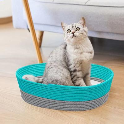 China Breathable Oval Cat Bed With Special Weave Design, Pet Bed Super Soft Durable Cotton Woven Cat Basket Scratch Cat Bed For Indoor Ca for sale