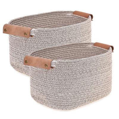 China Customized 2 Pack Rectangle Wholesale Cotton Woven Rope Folding Storage Basket With Bins And Handles Leather Nursery Storage Organizer for sale