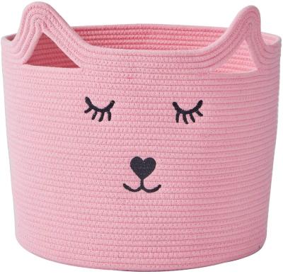 China 15.7* Folding 15.7*14.6 Advance Toy Storage Basket Inches Cute With Cute Cat Design Woven Cotton Rope Basket With Reinforced Handles for sale