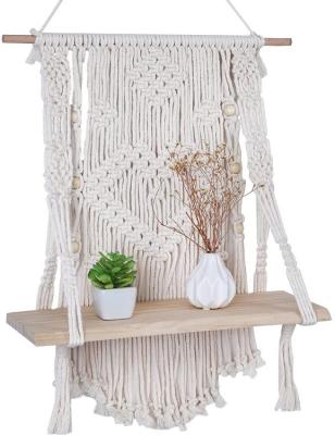 China Boho Cotton Rope Macrame Rustic Handmade Wall Hanging Shelf Wood Hanging Floating Shelves For Small Plants for sale