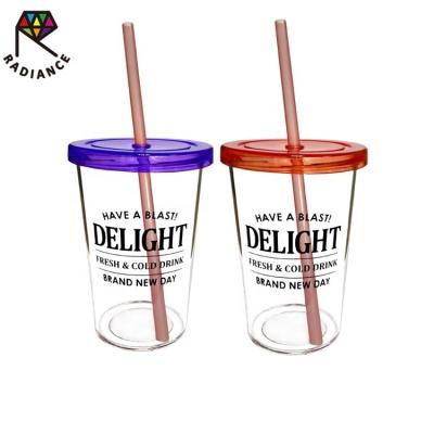 China 12 oz 375ml Single Wall Cute Reusable Plastic Cup Cold Juice Cup With Lid And Straw for sale