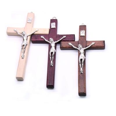 China Pure Handmade Wooden Crucifix Small Cross Pendant Catholic Prayer Hand Holding Cross Charm For DIY Necklace for sale