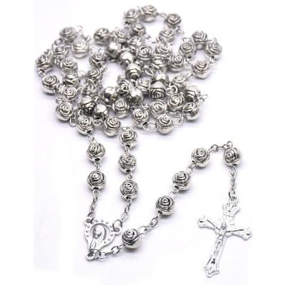 China Other hot sale retro cross necklace 8MM rose beads rosary antique silver necklace cross necklace for sale