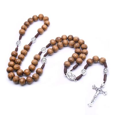 China CLASSIC Handcrafted Wooden Rosary Necklace Benedict Medal Catholic Cross Religious Prayer Beads Religious Saint Catholicism Gift for sale