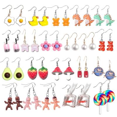 China 21 Pairs Cute Weird Cute Dangle Aesthetic Duck Dinosaur Boba Milk Tea Bear Earrings Jewelry Set For Women Girls for sale