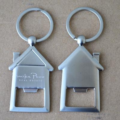 China Factory Price Zinc Alloy House Shaped Bottle Opener Zinc Alloy Key Chain With Real Estate Laser Engraved Logo for sale