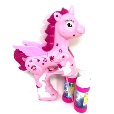 China Flashing and Bubble Blowing Novelty Toy Unicorn Bubble Gun Blaster With LED, Hundred Power Music, Battery Operated, Pink for sale