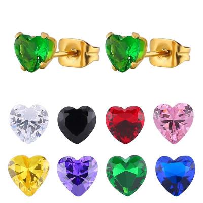 China CLASSIC Korean version of dazz stainless steel 4mm color heart-shaped zircon love personality titanium steel hypoallergenic earrings for sale