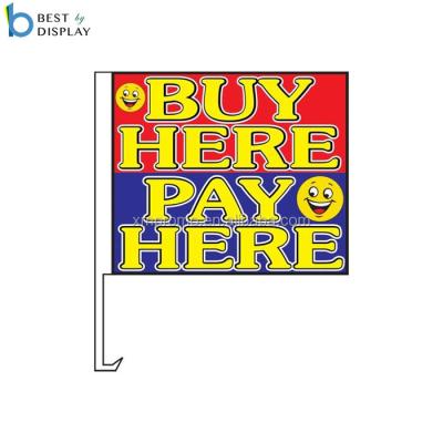 China Nonprofit Organizations Custom Buy Here Car Window Flag With Plastic Car Flag Clip for sale