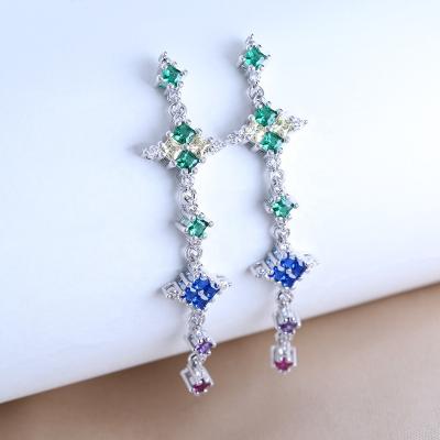 China Rainbow Multi Diamond Gem Tassel Earrings Bling Lead Free Cubic Zircon Wand Earrings Flower Jewelry For Women for sale